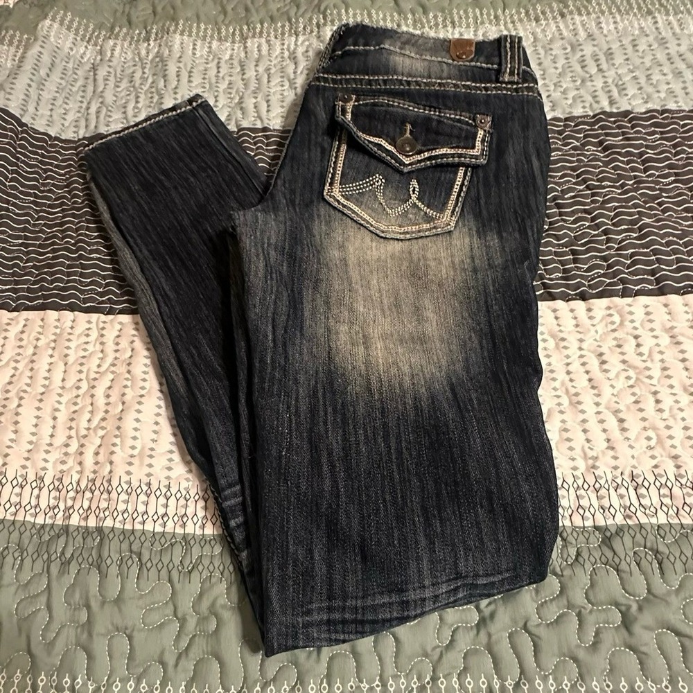 YMI Distressed Skinny Jeans Dark Wash Contrast Stitch Low Rise Y2K Style Size 5
